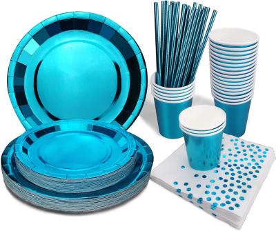 China Blue Disposable Restaurant Home Wedding Party Hotel Birthday Party Tableware Disposable Paper Plate Dish Tableware Sets Birthday Wedding Supplies for sale