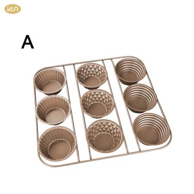 China Viable Custom Cake Tray Cupcake Pan Golden Cupcake Pans 9 Cup Stick Baking Tools Non Baking Dishes Muffin Cup for sale