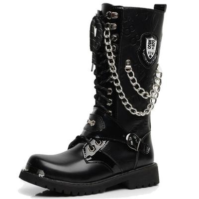 China Dropshipping logo 2021 men's lightweight custom metal high top leather motorcycle chain male punk boots style men's fashion street fashion shoes for sale