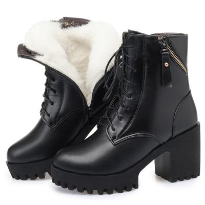 China Dropshipping Thermal Lady Genuine Leather Winter Boots With Wool High Heel Shoes Size 34-42 for sale