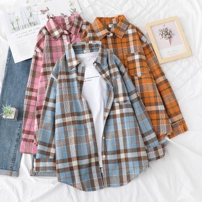 China Dropshipping regular custom logo 2021 women plaid print boyfriend style long sleeve chic female casual loose shirt for sale