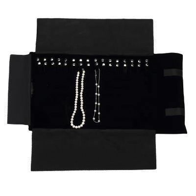 China Custom Black / Velvet Logo Black Velvet Jewelry Packaging Pouch 16 Hooks Necklace Roll for sale