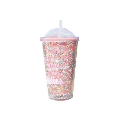 China Wholesale Wall Straw Cup HONESTREE Summer Ice Double Wall Straw Cup Plastic Quicksand Cup for sale