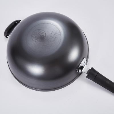 China Durable Pen Handle Preseasoned Double Cast Iron Chinese Wok With Kitchen Wood Metal Cover Glass Logo for sale