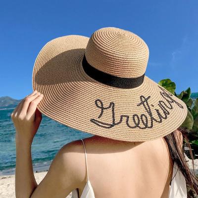 China Picture Women Alphabet Embroidered Large Brim Sun Pad Paper Summer Straw Hat for sale