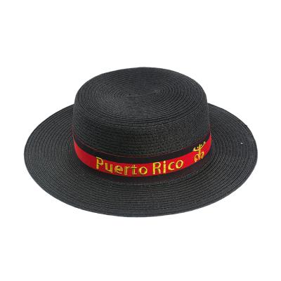 China Promotional High Quality Custom Picture Wholesale Cheap Mens Beach Fin Top Straw Boater Hats Black Straw Boater Hats for sale