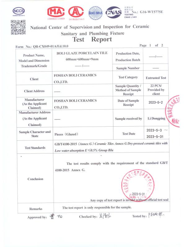 Test Report - BOLI CERAMICS CO.,LTD.