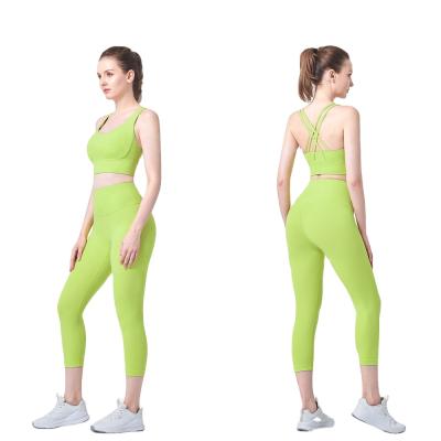 China New Sports Women's Women's Cross Back Crop Ribbed Seamless Seamless O Neck Bra And Legging Yoga Top Set for sale