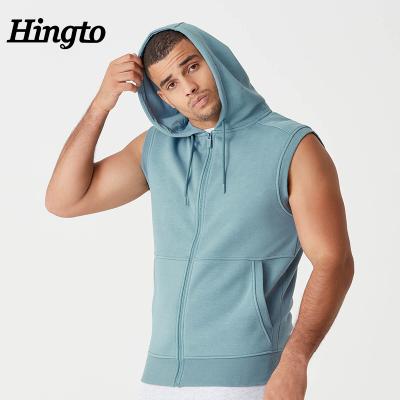 China Anti-pilling 2020 newest fashion men's cotton polyester zip up sleeveless hoodie with pockets factory price wholesale men's fitness hoodie for sale