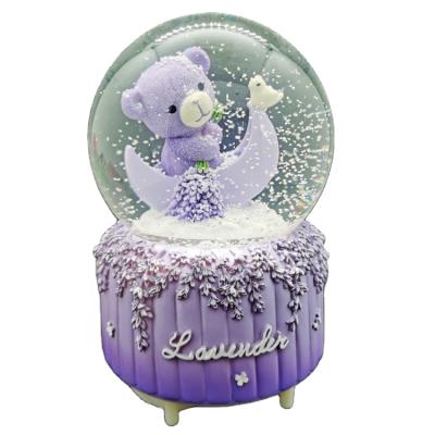 China Hot Sale Europe Resin Open Crystal Ball Led Light USB Lavender Bear Snow Globe Music Box for sale