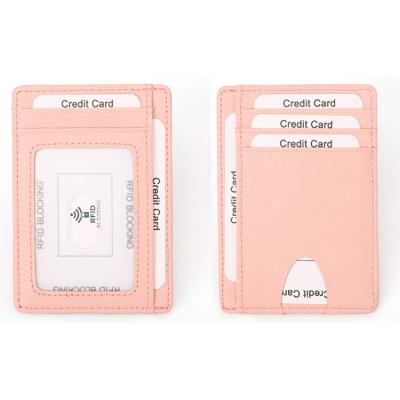 China RFID Front Pocket Minimalist Leather Slim RFID Wallet Blocking Medium Single Card Holder Wallet With ID Window for sale