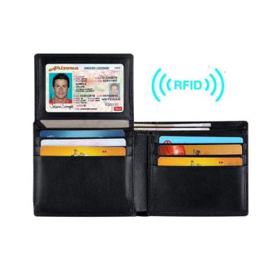 China Genuine Leather RFID Wallet RFID Card Slim Bifold Leather Wallets With ID Window for sale