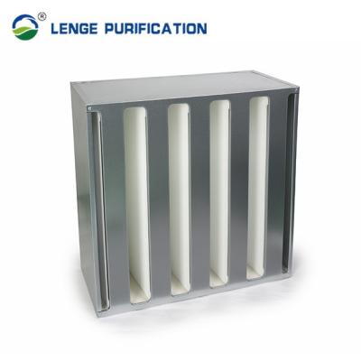 China F7 90 % Cleanroom HEPA Filter Galvanized Iron Frame V Bank Pre Filter With Glass Fibre for sale