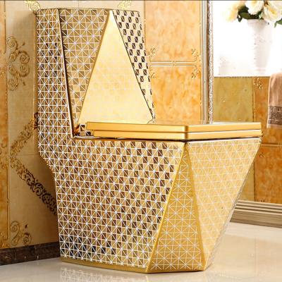 China Western Luxury White Diamond Pattern Toilet Double-Flow Manufacturer Luxurious Bathroom Dubai Gold Color One-Piece Toilet for sale