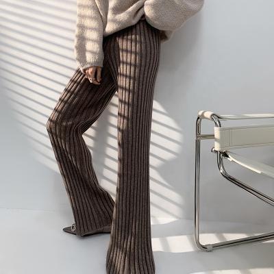 China 2022 Autumn Winter Striped Women Pants Breathable Thick Knitted Pants Casual Long Wide Leg Pants Female Loose High Elastic Leg for sale