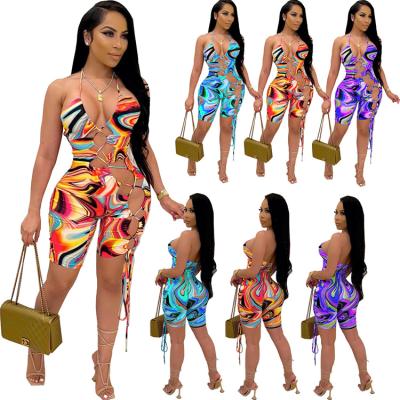 China Summer Breathable Tight Fit Overalls Ladies One Piece Printed Bandage Tie Dye Sling Hollow Out Overalls for sale