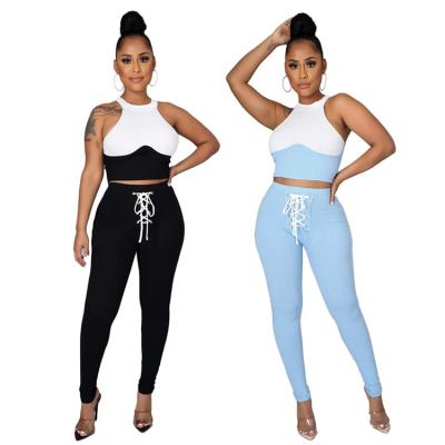 China 2021 New Breathable Contrast Color Tight-fitting Halter Top Sports Loose Tie Pants Two-piece Suit for sale