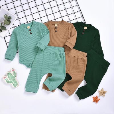 China Ribbed Breathable Newborn Baby Clothes Jumpsuit Ringer Rompers Long Sleeve Outfits Cotton Baby Romper Set for sale