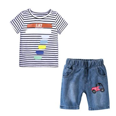 China Spandex/Cotton Boys Clothing Summer 2pcs Shorts Sleeve Letter T-shirt+Denim Shorts Toddler Boys Clothing for sale