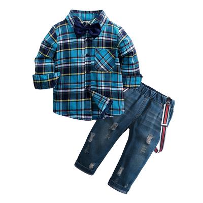 China Spandex/Cotton Fall Kids Clothes Sets Gentleman Red Plaid Shirt Jeans Fashion Kids Casual Clothes for sale