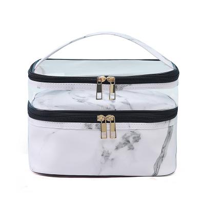 China Double Layer Marble Makeup Bags Kosmatic Bags Luxury Cosmetic Waterproof Transparent Cosmetic Organizer PVC Boxes for sale