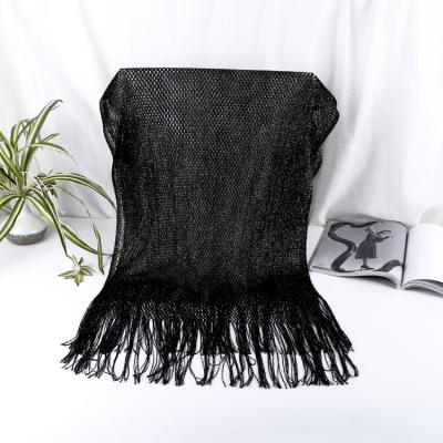 China New Fashion Bright Luminous Polyester Silk Black Tassel Hollow Out Women Beach Muslim Scarf Shawls Women Scarf for sale