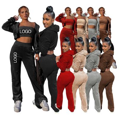 China Custom Embroidery Breathable Breathable Logo Women Tracksuit Zipper 3 Piece Sets Hoodies Sweatshirt Pants Velvet Casual Loose Sports Jogging Suit for sale