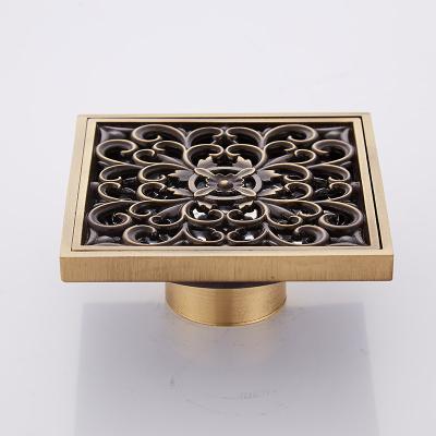 China Antique Gold Floor Drain Strainers Balcony Floor Drain Cover Anti-Backflow Smell 4 Inch Square Brass Floor Drain Bathroom for sale