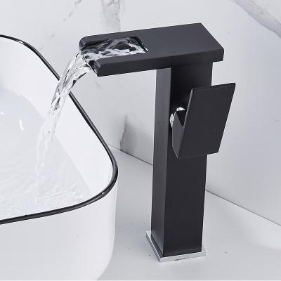 China Metered Faucets Waterfall Outlet Black With High Handle Single Basin Mixer LED Light Faucet for sale