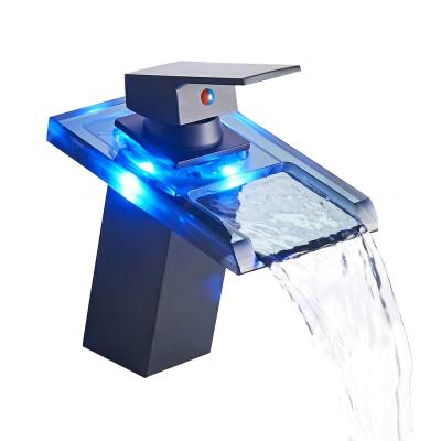 China Factory Direct Sales Good Quality Fashion Bathroom Metered Gray Glass Led Waterfall Basin Faucet for sale