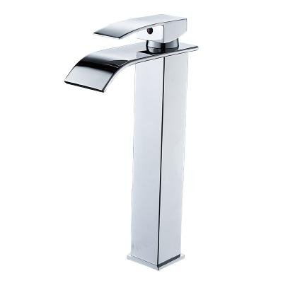 China New By Faucets Design Metered Curved Spout Waterfall Basin Faucet Bathroom Single Lever Copper Faucet for sale