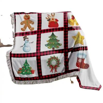 China Polyester Christmas Printed Subbank Throw Blanket with Red Plaid Panel and Tassel Trim for sale