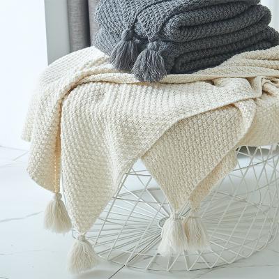 China Knitted Wool Throw Blanket with Acrylic Tassel Simple Style Custom Solid Sofa Blanket for sale