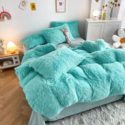 China Calor azul luxuoso Shaggy flanel Mink veludo roupa de cama conjunto para todos os grupos no outono Inverno à venda