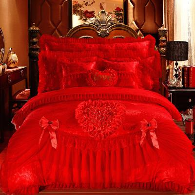 China 100% Cotton Solid Color Velvet Lace Bed Duvet Cover Fitted Skirt Sheets 4pcs Bedding Set for sale