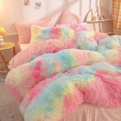 China 200TC Contagem de fios Set de roupas de cama de pele falsa Duvet Mink Rainbow Plush Fluffy Luxury Fitted Sheets Set à venda