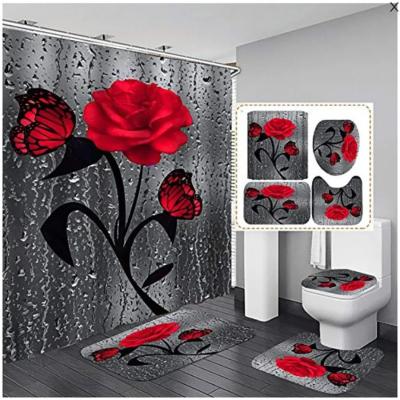 China Customized Rose Flower 100% Polyester Waterproof Shower Curtain Bathroom 4pcs Set Top- for sale