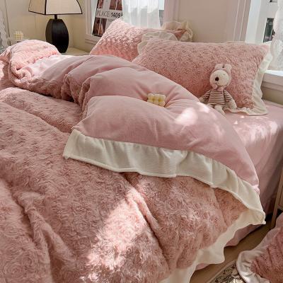 China 2023 Hot Lace Rose Rabbit Plush Four-Piece Set Comforter Set with Solid Pattern Type for sale