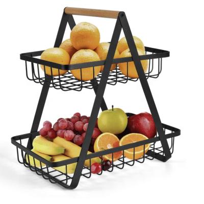 China Morden Easy To Assemble 2 Tier Black Fruit Bowl Fruit Rack Desktop Kitchen Storage Snacks Metal Vegetable Baskets for sale