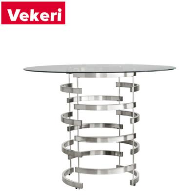 China A stylish and simple customizable dining table with a circular glass top and spiral iron base is suitable for dining and seating areas for sale