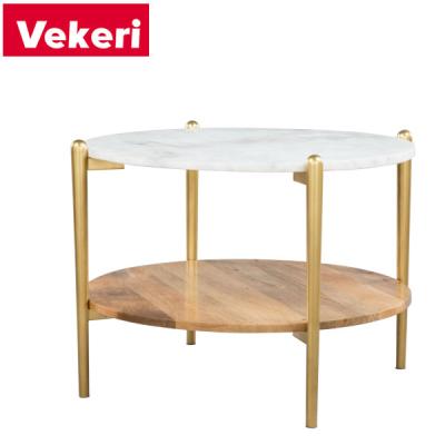 China Customizable modern mable top stainless steelRound white marble and wood Sherman Coffee Table With Shelf for sale