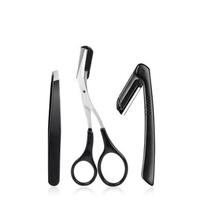 China Hot Selling Home Eyebrow Storage Stainless Steel Tweezers Tool 3 Pcs Eyebrow Shaping Eyebrow Scissors Eyebrow Knife Set Tweezers for sale