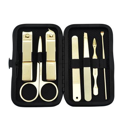 China Luxury Durable 7pcs Gold Color Stainless Steel Manicure Set in Black Case for sale