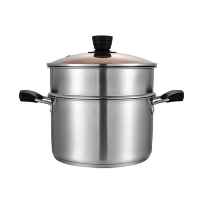 China Sustainable Wholesale Restaurant Home Used Versatile Cookware 2 Layer Stainless Steel Steamer Cooking Pot With Glass Lid With Double Handles for sale