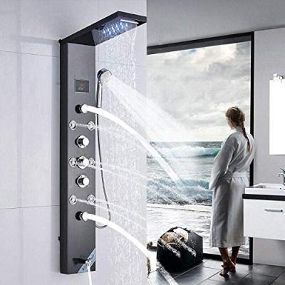 China With Multifunctional Slide Bar Shower Panel Wall Mounted 6 Modes Rain Massage Shower System With LED Rainfall Waterfall Bathroom Shower Faucet for sale