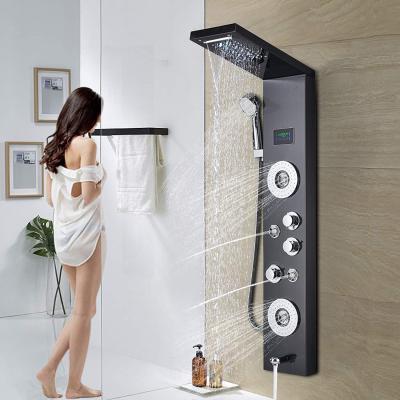 China With Slide Bar Stainless Steel Shower Panel LED Rainfall Shower Head 6-Function Rainfall Massage Tub Spout System Black Shower Faucet for sale