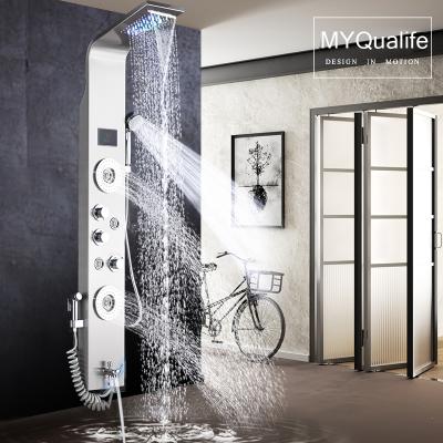 China With Slide Bar 304 Stainless Steel Wall Mount Bath Rainfall Shower Column Set Display Panel Thermostatic Massage Shower Column for sale