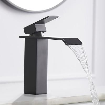 China Luxury Bathroom Waterfall Spout Design Sink Faucet 304 Stainless Steel Apron Thermostatic Faucets Matte Black Basin Faucet for sale