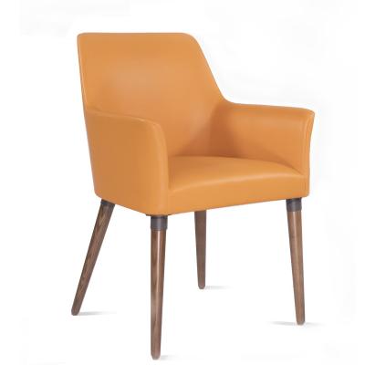 China Leisure High Density Design Cold-Treat Foam Hotel Solid Wood Accent Arm Modern Orange Leather Dining Chair True for sale