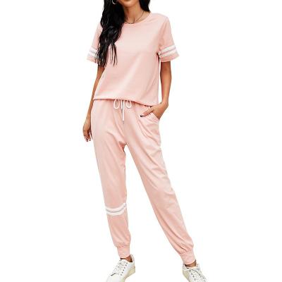 China Amazon Breathable New Spring and Summer 2021 Striped Two Piece Short Sleeve Shirt Jogging Suit for sale